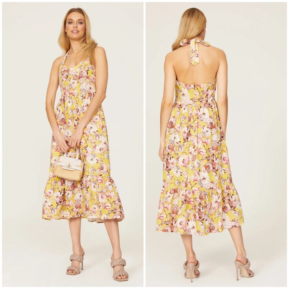 Bardot Labella Midi Dress Yellow Floral Size 6 Linen Bustier Halter Vintage Vibe